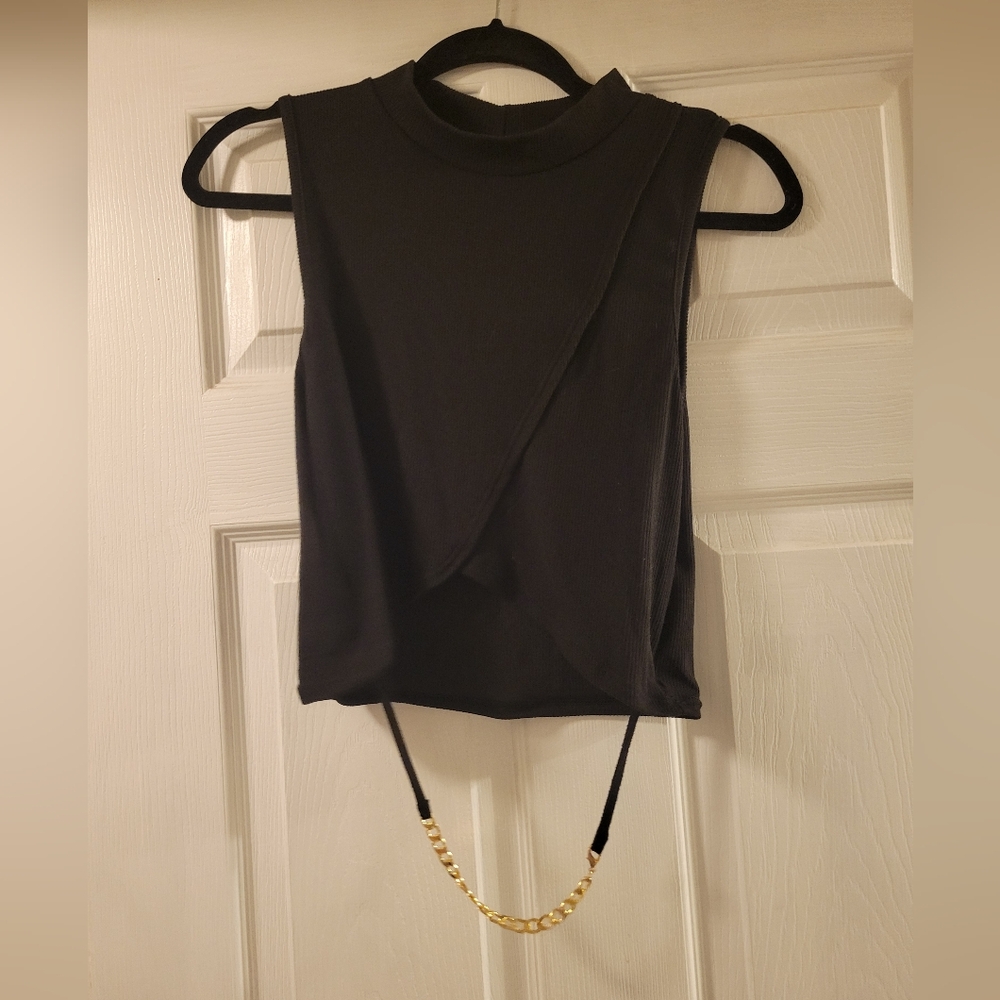 Black Sleeveless Crop Top with Gold Chain Accent/detailed Cut Out Size XL